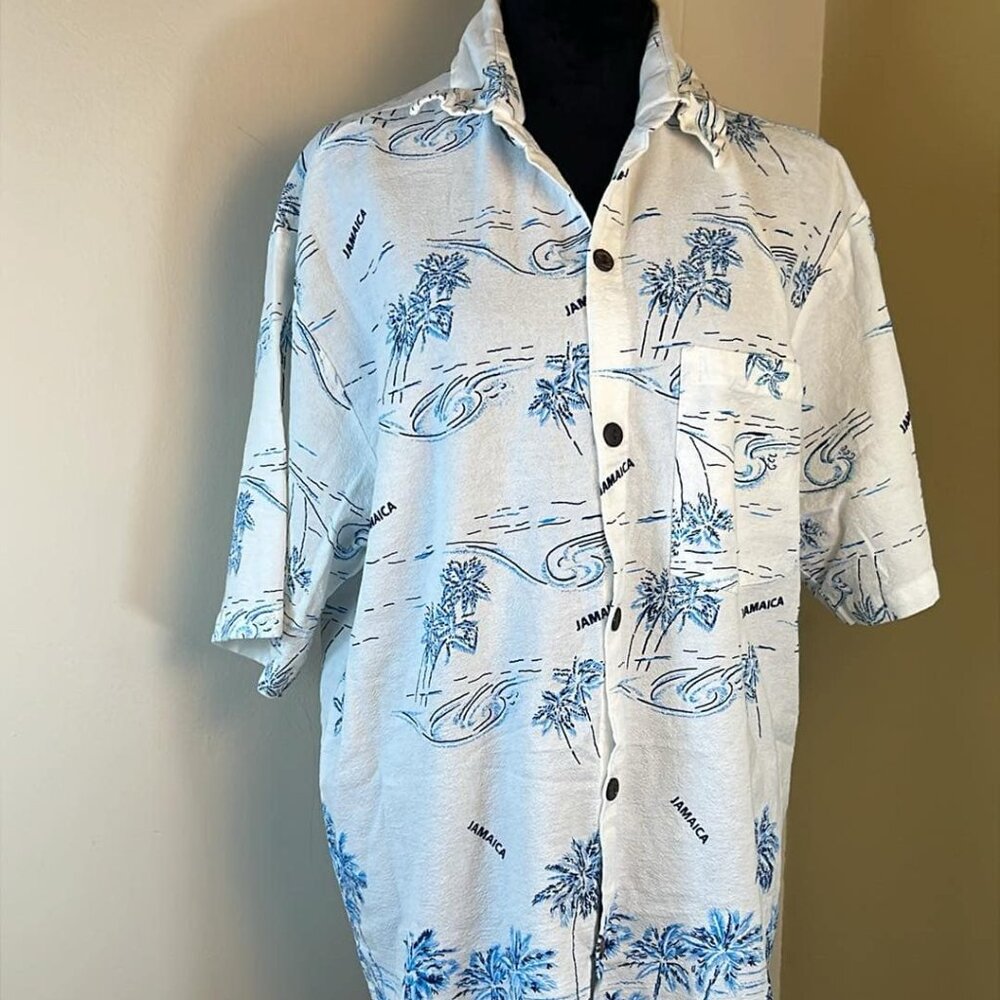 Mens XL Island Life Jamaica Camp Styled Shirt Palm Trees Pocket Tropical Hipster